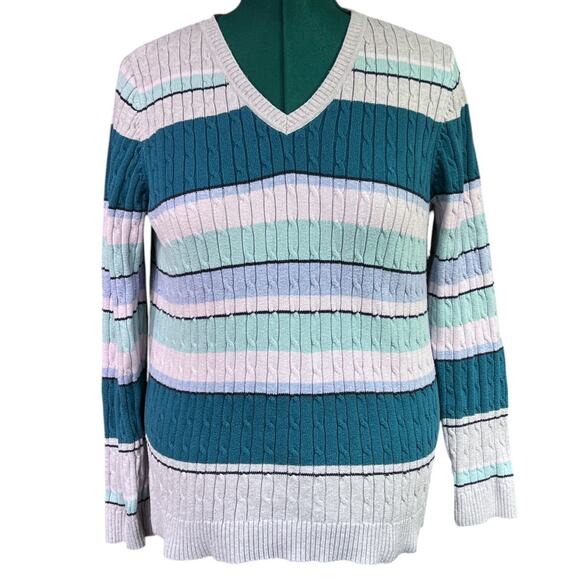 Croft & Barrow Long Sleeve Cable Knit Striped Sweater Size Large 100% Cotton - Picture 1 of 14
